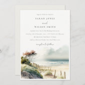 エレガントな黄昏の海岸の砂浜の海景ウェディング 招待状 (正面/裏面)