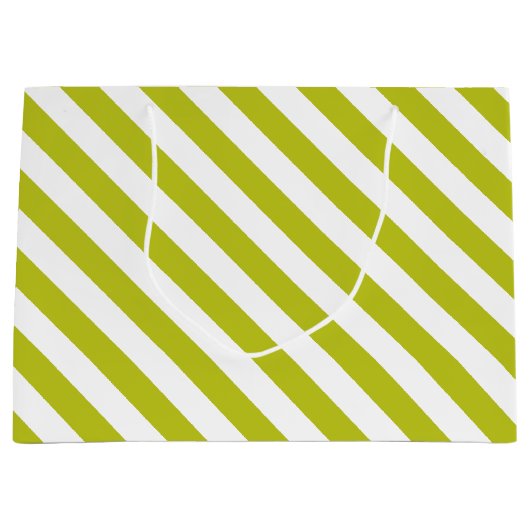 エレガントな黄緑色と白のストライプ模様 ラージペーパーバッグ (正面)
