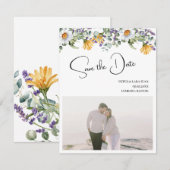 エレガントな黄色と紫の野の花の結婚式 セーブザデート (正面/裏面)