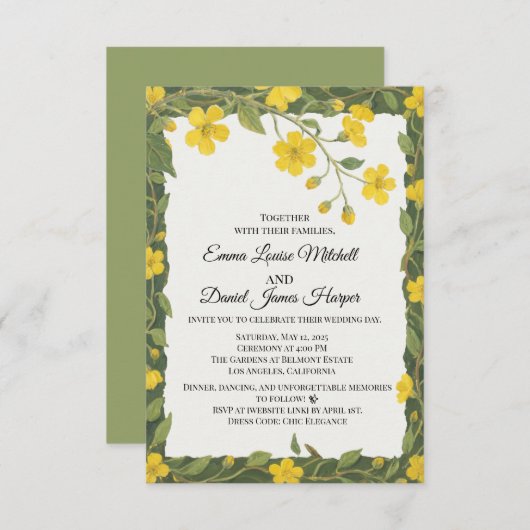 エレガントな黄色と緑の野生の花の花束 招待状 (正面/裏面)