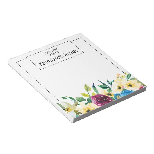 エレガントな黄色と青、バーガンディの水彩花 ノートパッド (アングル)