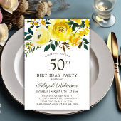 エレガントな黄色のガーデンローズ フラワーデザイン 50歳の誕生日 招待状