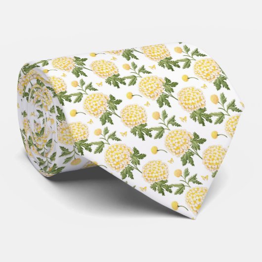 エレガントな黄色のハイドランジアの花と蝶のパターン ネクタイ (ロール)