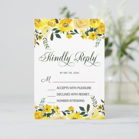 エレガントな黄色のバラの花の結婚式の出欠確認カード 出欠カード (スタンド正面)