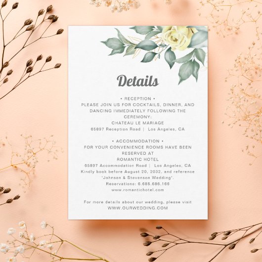 エレガントな黄色の水彩画のバラのウェディングディテール エンクロージャーカード