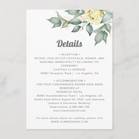 エレガントな黄色の水彩画のバラのウェディングディテール エンクロージャーカード (正面)
