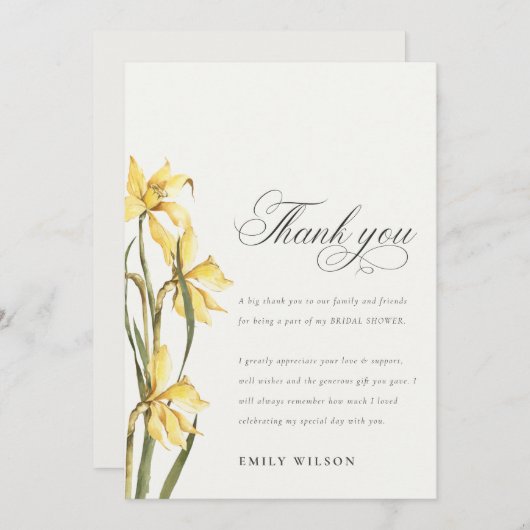 エレガントな黄色の水彩画の水仙の花のブライダルシャワー サンキューカード (正面/裏面)