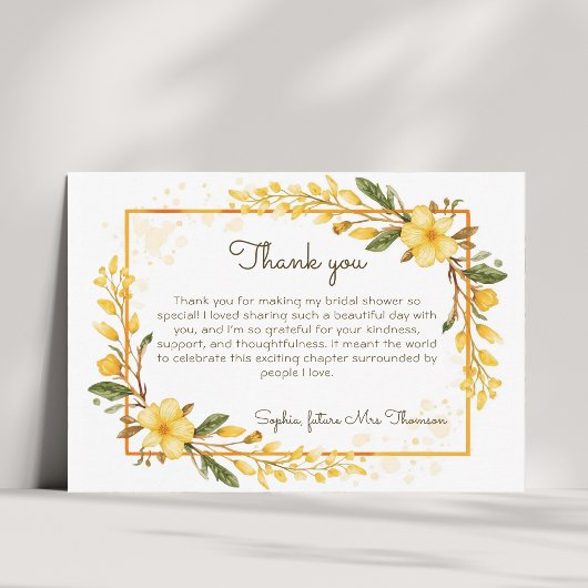 エレガントな黄色の水彩花のブライダルシャワー サンキューカード