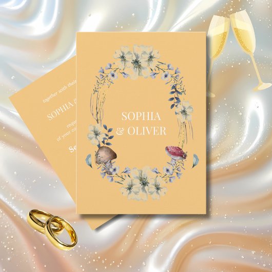 エレガントな黄色の花とキノコのリースのウェディング 招待状