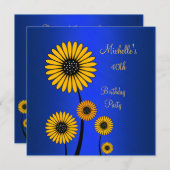 エレガントな黄色の花柄 青 40歳の誕生日 招待状 (正面/裏面)