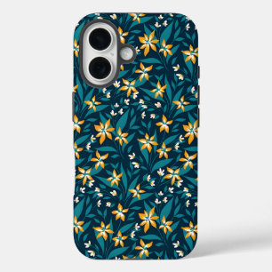 エレガントな黄色の花模様が濃い緑の葉 iPhone 16ケース