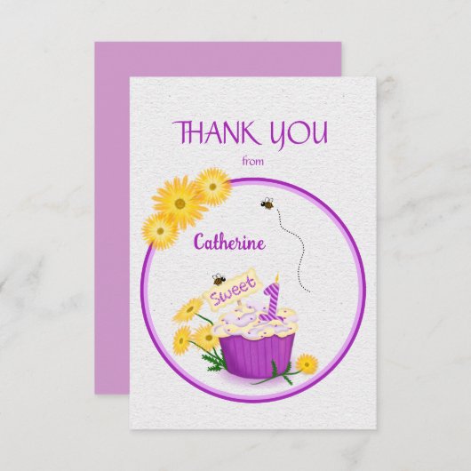 エレガントな黄色の野の花　１歳の誕生日カップケーキ サンキューカード (正面/裏面)