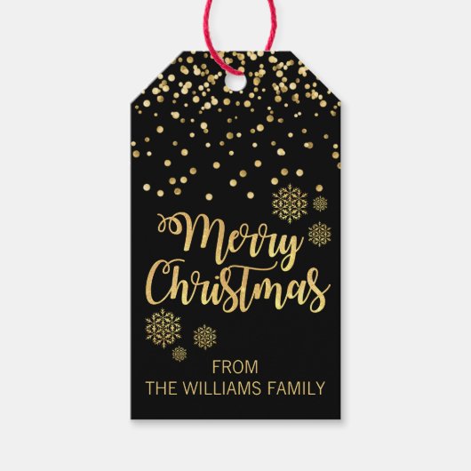 エレガントな黒い金の雪の結晶メリークリスマス ギフトタグ (正面)