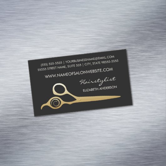 エレガントな黒および金ゴールドのサロンの美容師のはさみ マグネット名刺 (インサイチュ)