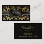 エレガントな黒および金ゴールドのダマスク織のウェディングプランナー 名刺 (正面/裏面)