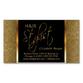 エレガントな黒および金ゴールドのダマスク織の美容師 マグネット名刺 (正面)