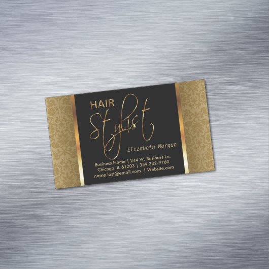 エレガントな黒および金ゴールドのダマスク織の美容師 マグネット名刺 (インサイチュ)