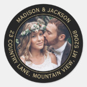 エレガントな黒および金ゴールドの写真の差出人住所ラベル ラウンドシール (正面)