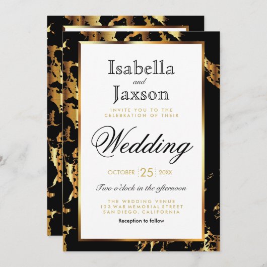 エレガントな黒および金ゴールドの大理石の招待状 招待状 (正面/裏面)