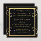エレガントな黒および金ゴールドの渦巻記念日 招待状 (正面/裏面)