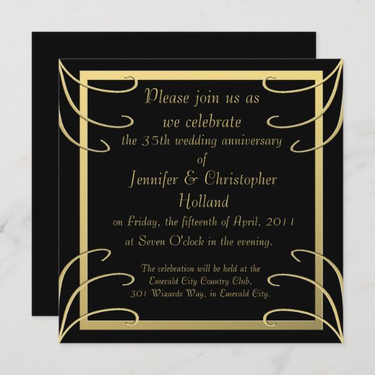 エレガントな黒および金ゴールドの渦巻記念日 招待状 (正面/裏面)