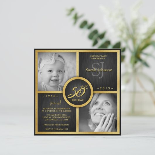 エレガントな黒および金ゴールドの第50誕生日 招待状 (スタンド正面)