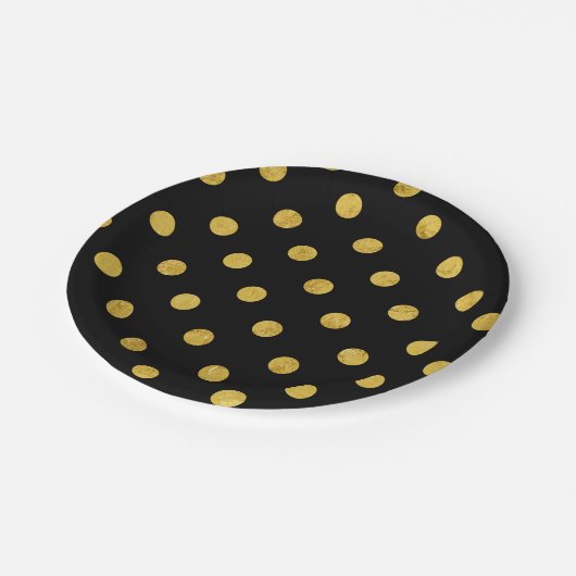エレガントな黒および金ゴールドホイルの水玉模様パターン ペーパープレート (アングル)