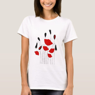 エレガントな黒くおよび赤いケシの女性のTシャツ Tシャツ