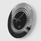エレガントな黒く、銀製のダマスク織華美なフレーム ラージ壁時計 (傾斜)