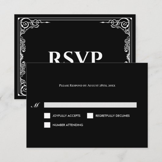 エレガントな黒と白のゴシック結婚式RSVPカード 出欠カード (正面/裏面)