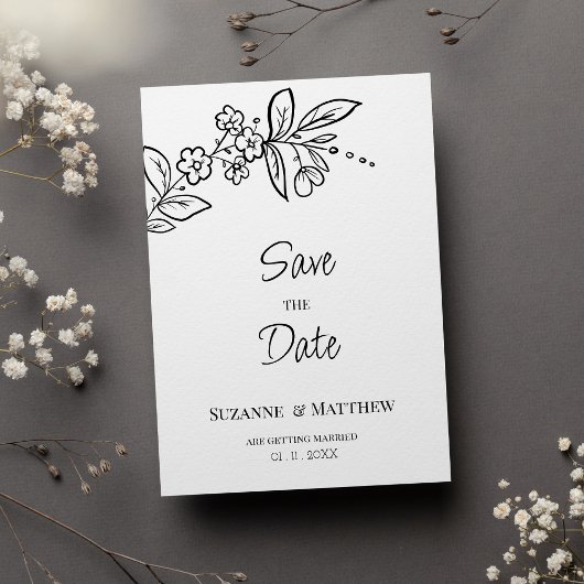 エレガントな黒と白のシンプルな花の「Save the Date」 招待状