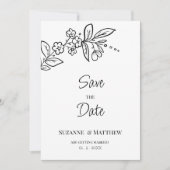 エレガントな黒と白のシンプルな花の「Save the Date」 招待状 (正面)