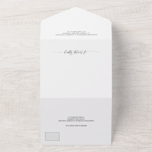 エレガントな黒と白のスクリプト 現代の写真 ウェディング オールインワン招待状 (外側)