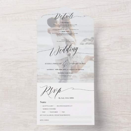 エレガントな黒と白のスクリプト 現代の写真 ウェディング オールインワン招待状 (内側)