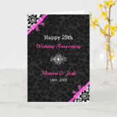 エレガントな黒と白のダマスクにピンクのリボン カード (黄色い花)