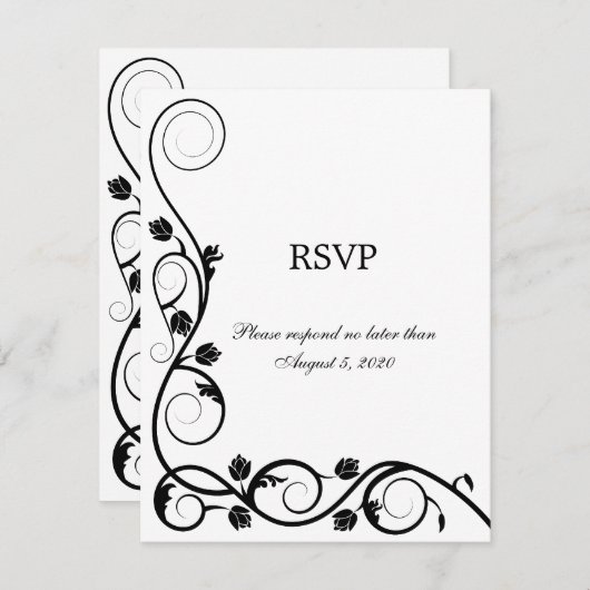 エレガントな黒と白の渦巻き RSVP / 返信 招待状 (正面/裏面)