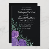 エレガントな黒と紫の花の結婚式招待状 招待状 (正面/裏面)