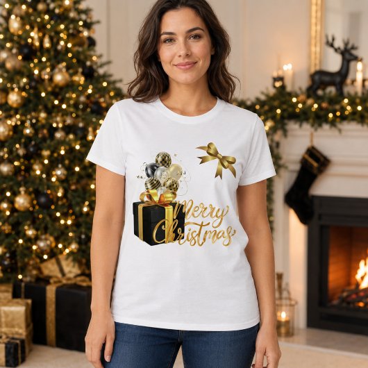 エレガントな黒と金のメリークリスマス 女性用 Tシャツ