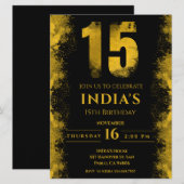 エレガントな黒と金の15歳の誕生日パーティー 招待状 (正面/裏面)