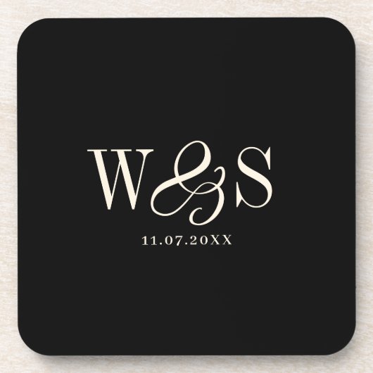 エレガントな黒のイニシャル結婚カップル コースター (正面)