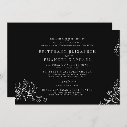 エレガントな黒のシノワズリー 両家両親の結婚式 招待状 (正面/裏面)