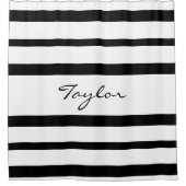 エレガントな黒のストライプの名前をカスタムするを用いる白単に シャワーカーテン (正面)