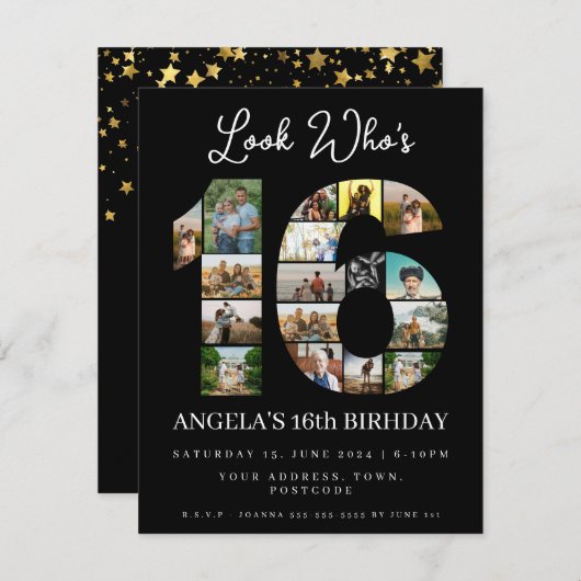 エレガントな黒のデザイン 誰が16歳かに写真コラージュ 招待状 (正面/裏面)