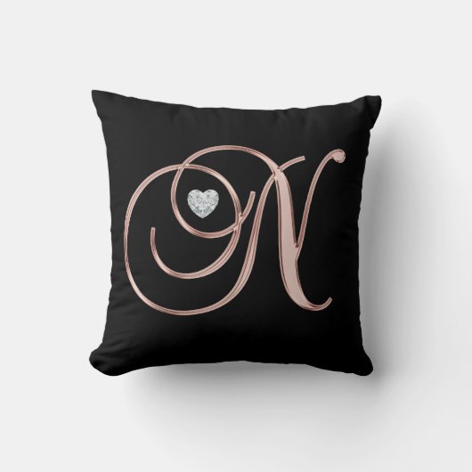 エレガントな黒のバラの金ゴールドのモノグラムの手紙「N 「 クッション (正面)