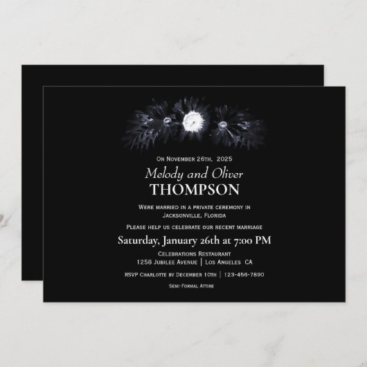 エレガントな黒のモノクローム花の結婚後 招待状 (正面/裏面)