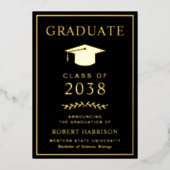 エレガントな黒の大学卒業式の箔押しお知らせ 箔招待状 (正面)