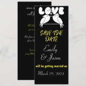 エレガントな黒の「Save The Date」ラブバード付き 招待状 (正面/裏面)