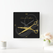 エレガントな黒はフェイクな金ゴールドのはさみのヘアーサロンをカールします スクエア壁時計 (ホーム)