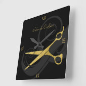 エレガントな黒はフェイクな金ゴールドのはさみのヘアーサロンをカールします スクエア壁時計 (傾斜)