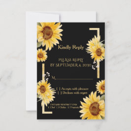 エレガントな黒ひまわりゴールド 結婚式 RSVP カード